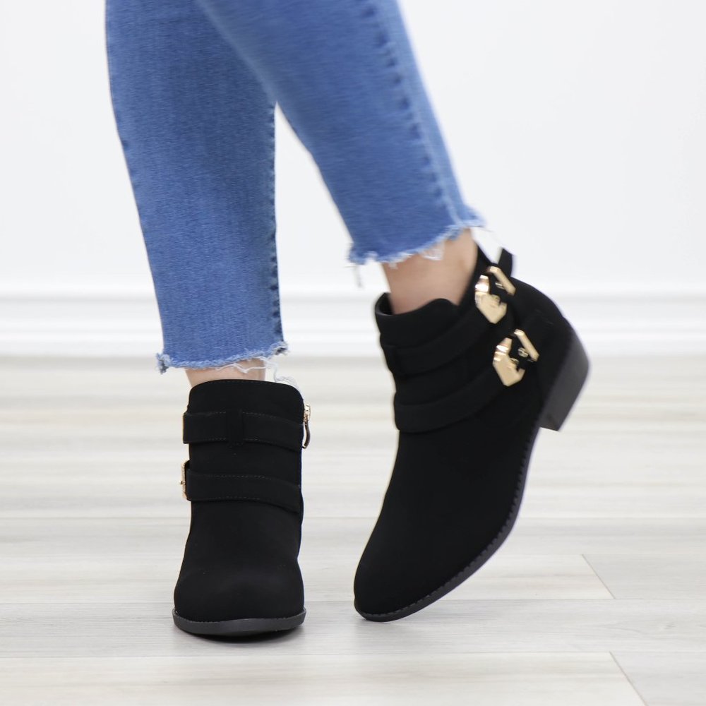 Black Velvet Ankle Boots Gold Buckles Booties - Picture 10 of 13